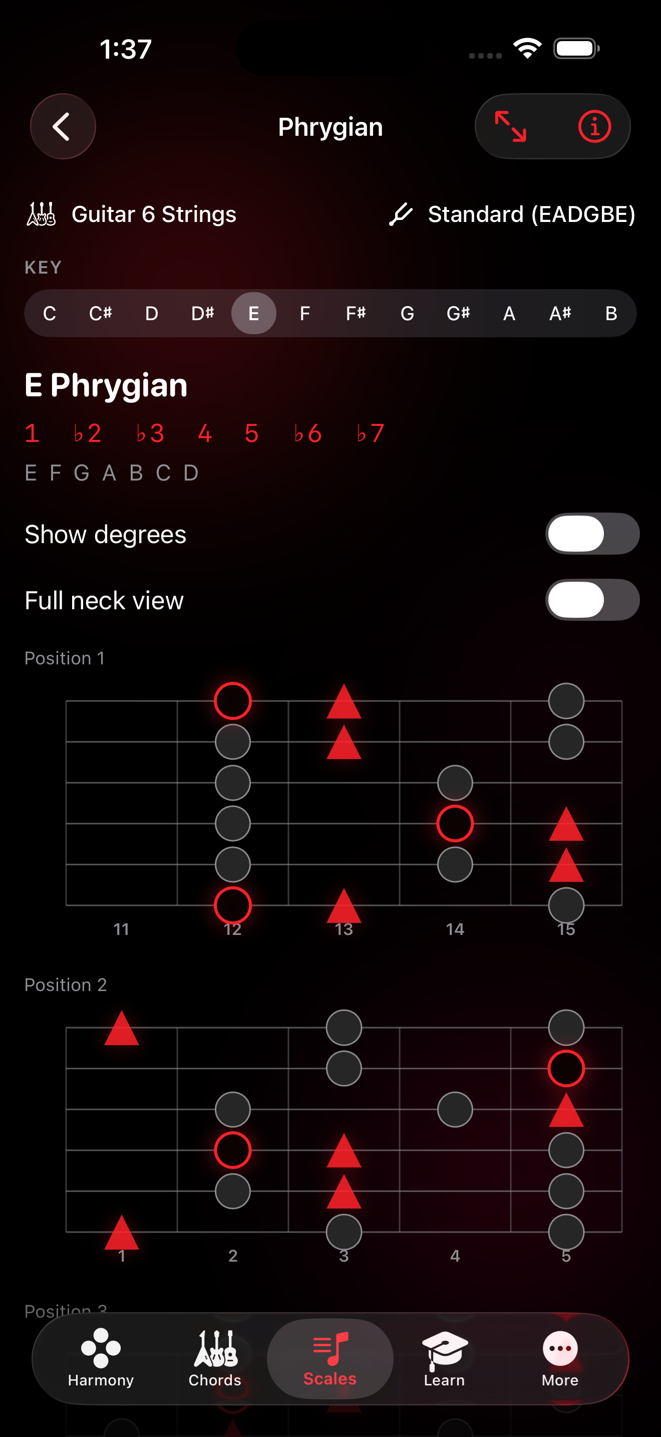E Phrygian scale map on the fretboard showing the tonic as a glowing red ring, flavor notes as red triangles, and foundation notes as grey dots