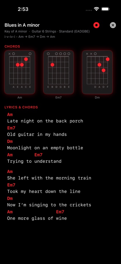 Songbook — lyrics sitting under colour-coded chord symbols for an original song