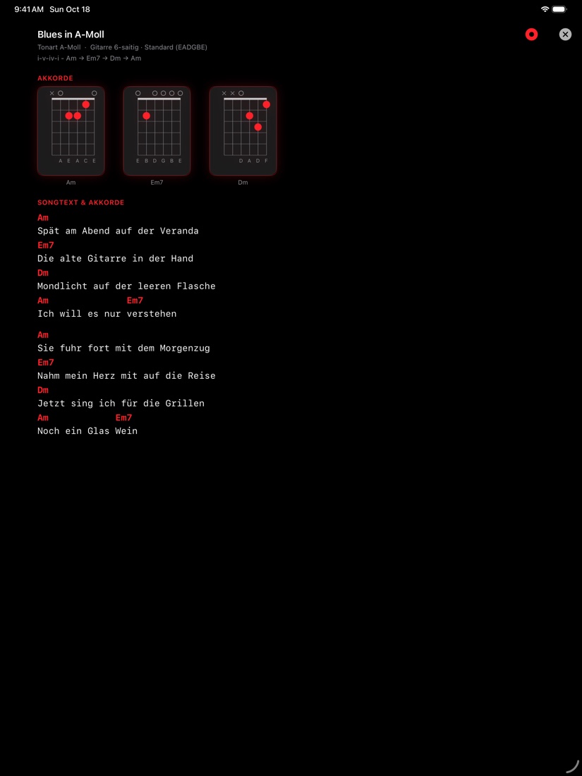 redLUX Guitar auf dem iPad — ein Song-Sheet mit Akkorddiagrammen und Songtext nebeneinander