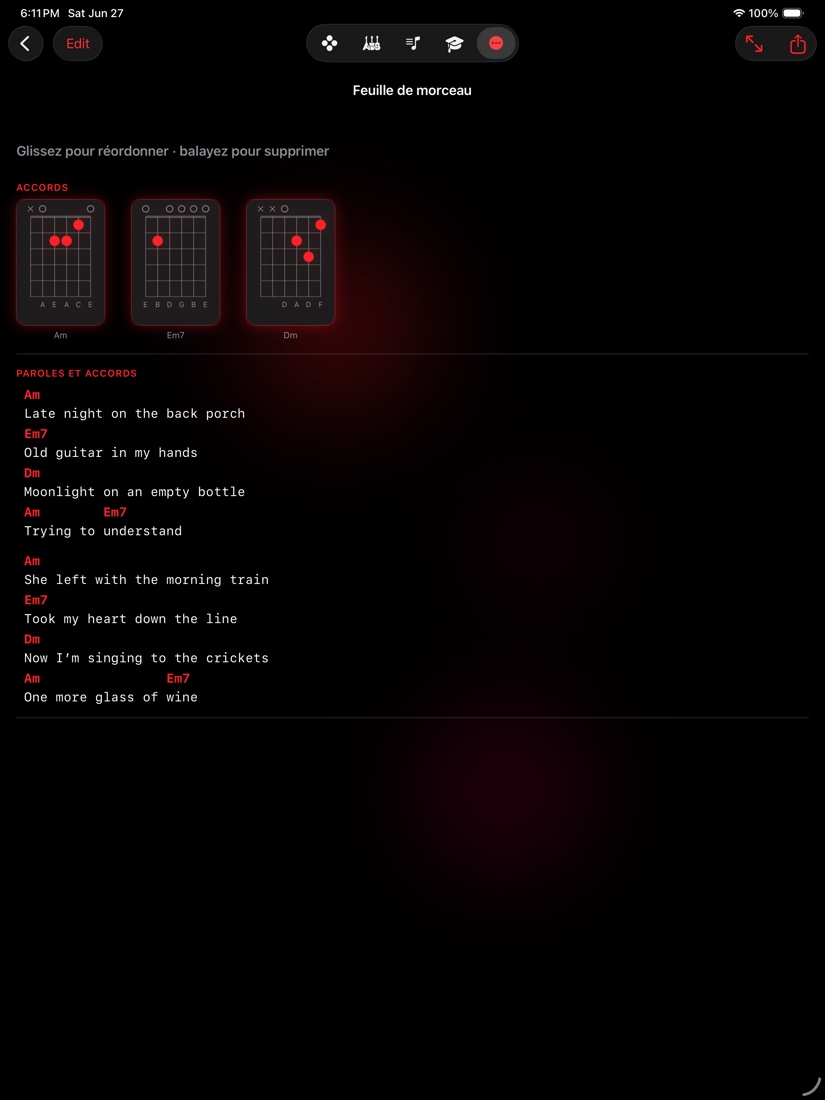 redLUX Guitar sur iPad — une feuille de morceau avec ses diagrammes d'accords et les paroles côte à côte