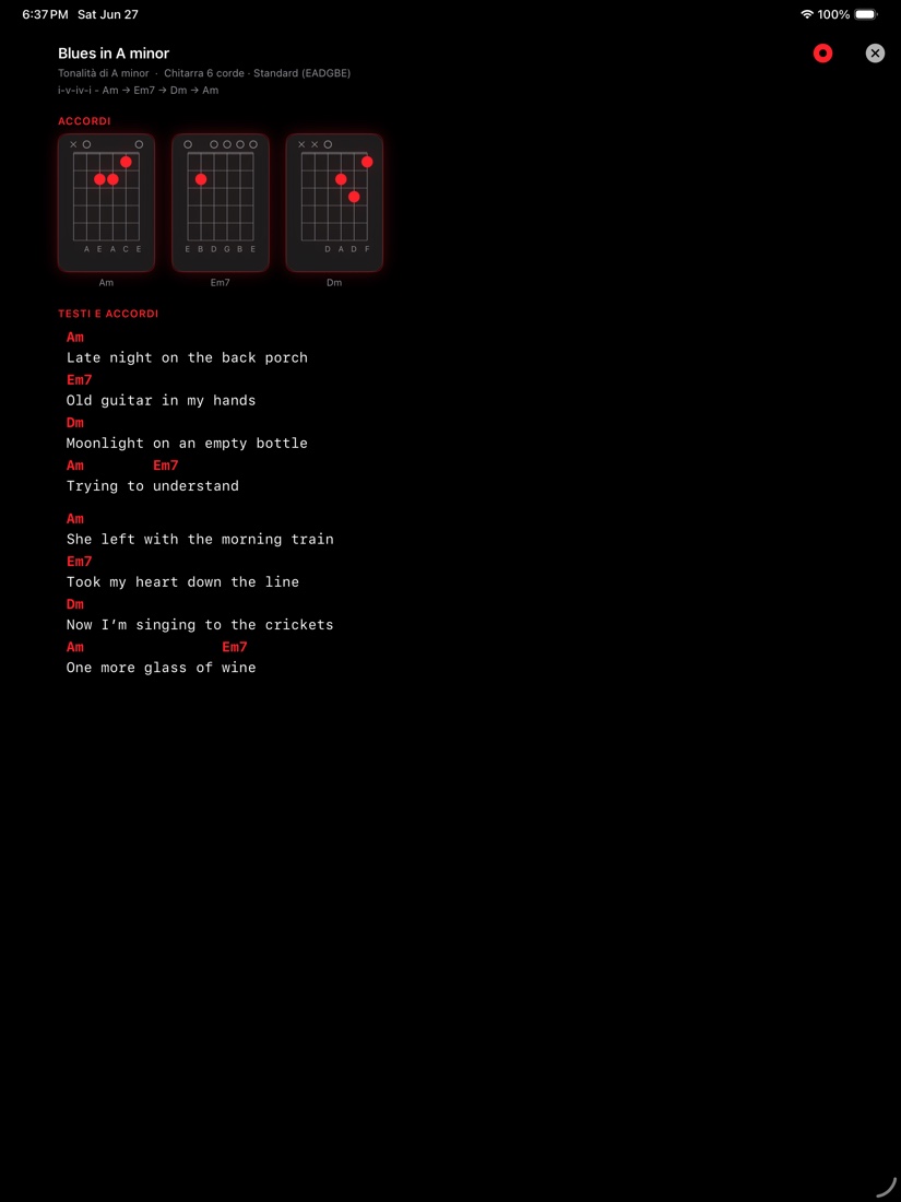 redLUX Guitar su iPad — un foglio brano con i diagrammi degli accordi e il testo affiancati
