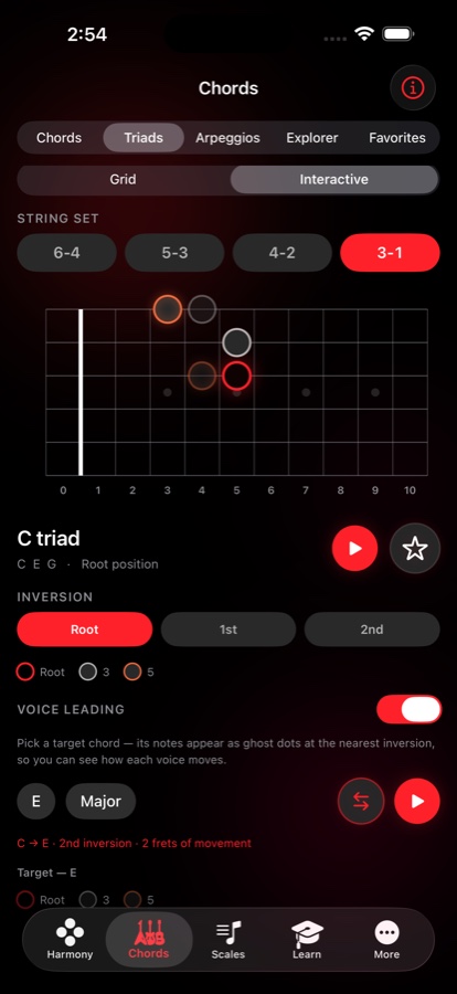 Triads Interactive — a C triad on the 3-1 string set with voice-leading ghost dots toward E
