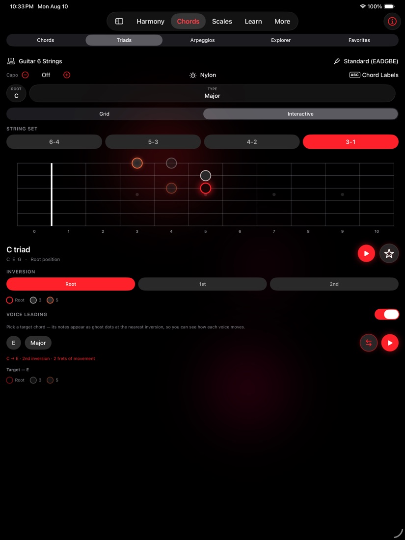 redLUX Guitar on iPad — Triads Interactive with a wide fretboard and voice-leading controls