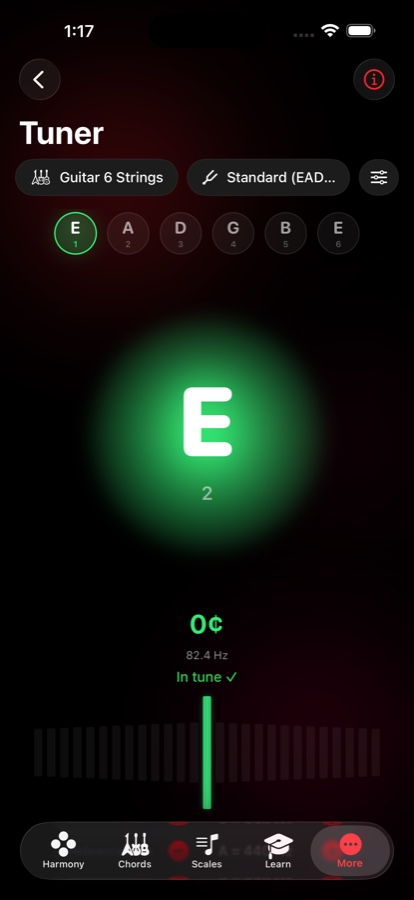 Tuner — the low E string in tune at 82.4 Hz with the signature glowing orb