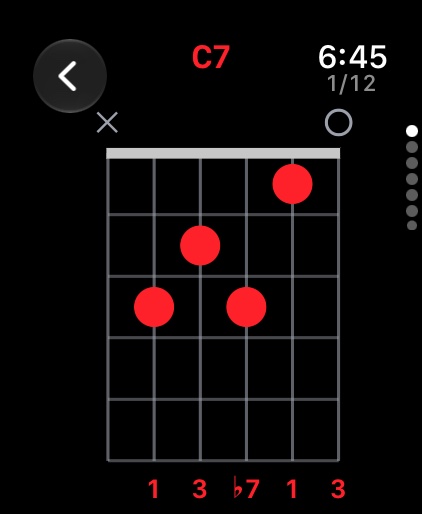 redLUX Guitar auf der Apple Watch — ein C7-Akkorddiagramm mit seinen Stufen