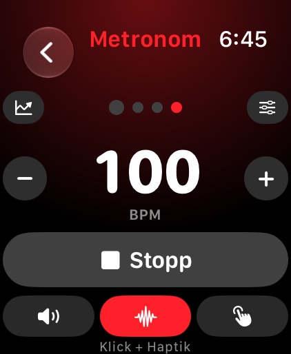 Apple Watch — das Metronom bei 100 BPM mit Klick und Haptik